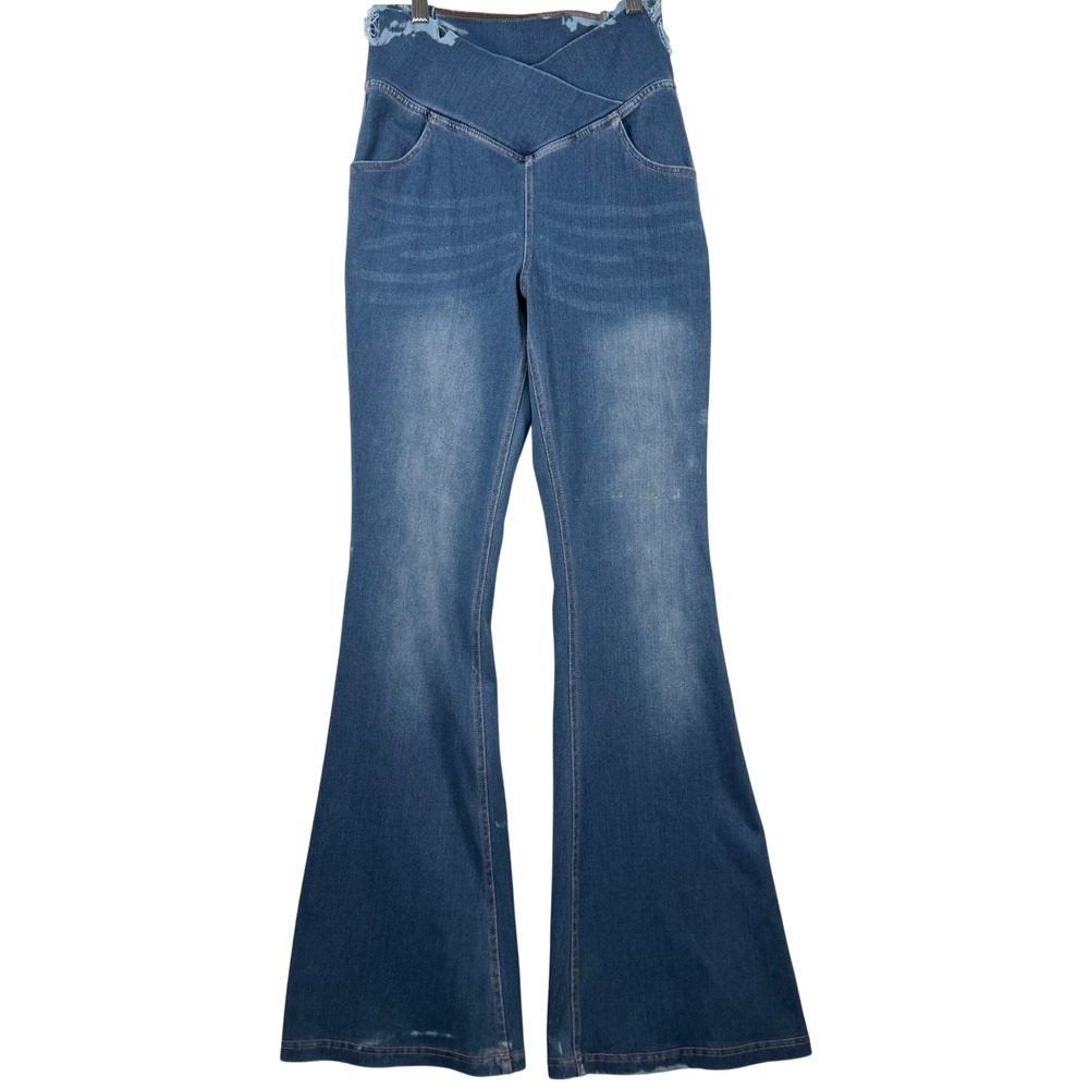 Halara Crossover High Waisted Knit Denim Flare Jeans XS Grunge Hippie Y2K 70s